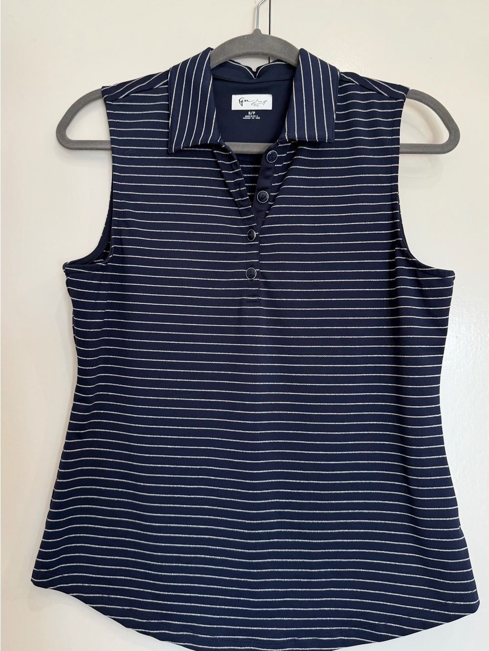 Greg Norman Collection Navy and White Striped Sleeveless Golf Polo